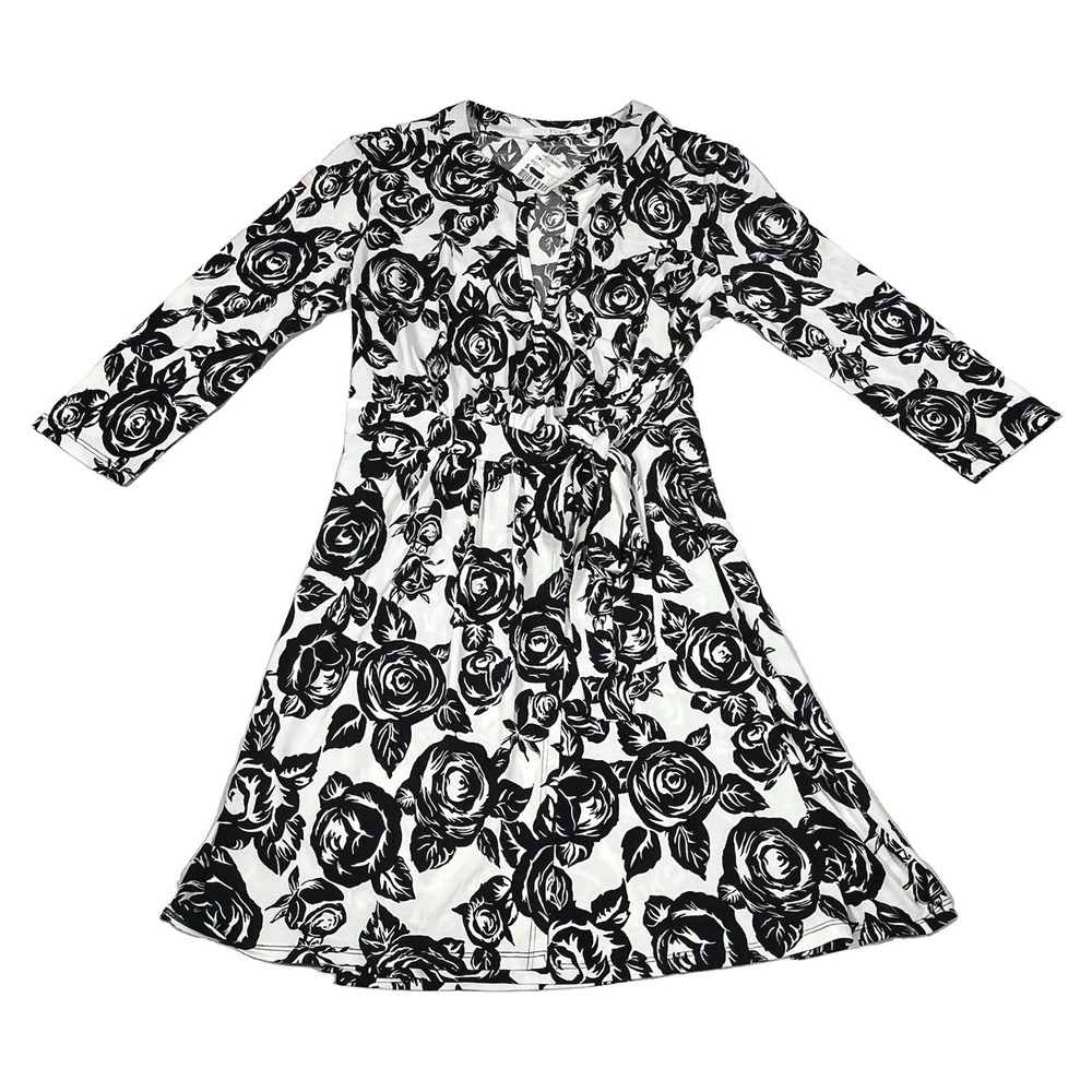 NWT HAVE Jasmine Wrap Dress Women's S Black White Floral Rose Print Long Sleeve